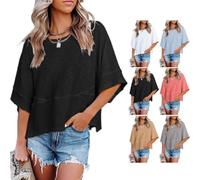 Non-Slit Patched Solid Color Bell Sleeve T-Shirt Women's Summer Casual Crewneck Batwing Half Sleeve tee (Black,XL)