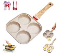 Non-stick Egg Frying Pan, Non Stick 4 Hole Egg Frying Pan, 4 Holes Skillet with Handle, Multifunctional Wooden Handle Medical Stone Pans, for Gas Stove, Induction Cookware (White without lid)