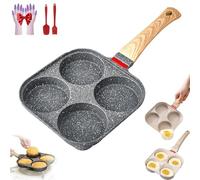 Non-stick Egg Frying Pan, Non Stick 4 Hole Egg Frying Pan, 4 Holes Skillet with Handle, Multifunctional Wooden Handle Medical Stone Pans, for Gas Stove, Induction Cookware (Black without lid)