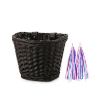 NONDK 1 Juego de Cesta Delantera de Bicicleta de Mimbre de Ratán + Campana + + Pegatinas Accesorios de Manillar de Bicicleta para Adultos Tejidos A Mano Ajustables Negro