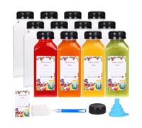 NONDK 12 de Jugo de Plástico de 12 Oz con Tapas una Prueba de Manipulación, Recipientes de Jugo Transparentes Reutilizables con Etiquetas, Embudo y Cepillo