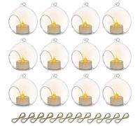 NONDK 12 Piezas 6CM Soporte Colgante Redondo de Vidrio Candelero Decoración de Arte de Boda Linterna de Mesa con Velas Electrónicas