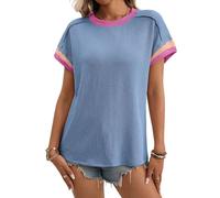 NONDK Blusa Informal de Corta con Cuello Redondo y Bloques de Color Acanalados para Mujer M