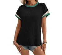 NONDK Blusa Informal de Corta con Cuello Redondo y Bloques de Color Acanalados para Mujer Negro XXL