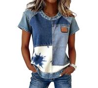 NONDK Blusas de Mujer Modernas, Camisas de Verano con Bloques de Color y Cuello Redondo, Blusas Informales de Negocios para Mujer Empalme de Mezclilla XXL