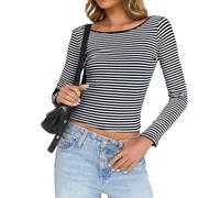 NONDK Camisas de Rayas con Cuello y Larga para Mujer, de Verano y Otoño, Informales, Ajustadas, Sin Espalda, de Punto Acanalado. Marino S
