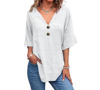 NONDK Camiseta de Lino y Algodón para Mujer, Informal, con Doble Botón Frontal, Abierta, Gris, Talla L