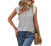 NONDK Camiseta de Mujer con Encaje de Guipur en Contraste y Medio Botón. Camiseta de Mujer con Rayas Blancas, Talla XL