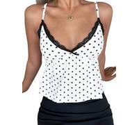 NONDK Camiseta de Tirantes Finos con Cuello en V y Encaje de Lunares para Mujer, Estilo Y2K Negro S