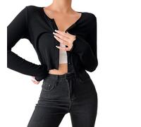 NONDK Cárdigan Corto con Botones Al Frente y Ribete de Lechuga para Mujer, Informal, Ajustado, de Larga, con Cuello Redondo, de Punto. Negro M