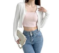 NONDK Cárdigan Corto con Botones Al Frente y Ribete de Lechuga para Mujer, Informal, Ajustado, de Larga, con Cuello Redondo, de Punto. M