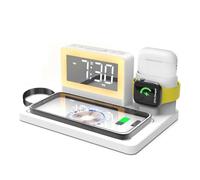 NONDK Cargador Inalámbrico Multifuncional 5 en 1 de 15 W con Carga Inalámbrica, Compatible con Despertador y Luz de Colores, Enchufe de la UE