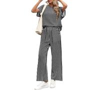 NONDK Conjunto de 2 Piezas A Rayas para Mujer: Camiseta de Corta y Pantalón de Pierna A Juego, con Bolsillos. Negro XL