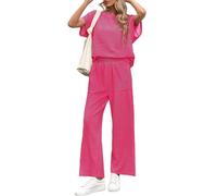 NONDK Conjunto de 2 Piezas A Rayas para Mujer: Camiseta de Corta y Pantalón de Pierna A Juego, con Bolsillos. Rosa Brillante L