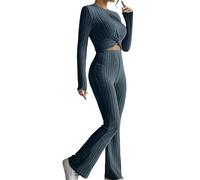 NONDK Conjunto de 2 Piezas de Camiseta Informal de Punto Acanalado con Cuello Redondo, Larga Elástica y Pantalón Acampanado para Mujer. Mar L