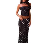 NONDK Conjunto de 2 Piezas de Falda Larga de Verano para Mujer, Conjunto de Vacaciones, Top Corto Sin Tirantes y Falda, Conjunto para Salir. Negro L