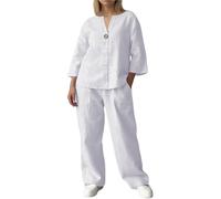 NONDK Conjunto de 2 Piezas de y Algodón para Mujer, con Cuello en V, Camisa de Larga Abotonada y Pantalón con Bolsillos 4XL