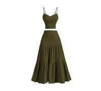 NONDK Conjunto de 2 Piezas para Mujer: Top Corto, Falda Maxi con Volantes en el Bajo y Falda Midi Ideal para Vacaciones y Salidas. Verde L