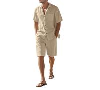 NONDK Conjunto de Camisa de Corta y Pantalones Cortos de Mezcla de para Hombre, Atuendo Informal de Verano de 2 Piezas Caqui XL
