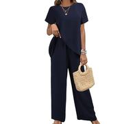 NONDK Conjunto de Dos Piezas de Verano para Mujer, Corta, Cuello Redondo, Pierna, Pantalón Marina L