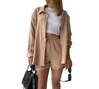 NONDK Conjunto de Dos Piezas para Mujer: Camisa de Larga con Cuello y Pantalones Cortos de Cintura Alta con Cordón Ajustable. Caqui XL
