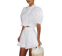 NONDK Conjunto de Mujer con Volantes y Shorts, Ideal para el Verano. Top Abullonado con Botones y Shorts. Conjunto de 2 Piezas. L