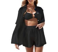 NONDK Conjunto de Pareo para Mujer, Cárdigan de Corta con Protección Solar, Top y Pantalones Cortos. Negro XL