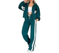 NONDK Conjunto Deportivo de Otoño para Mujer, 2 Piezas, Chaqueta Y2K A Rayas con Cremallera y Pantalones Anchos, Conjunto Deportivo A Juego Verde XXL