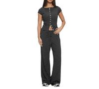 NONDK Conjunto Deportivo Informal de Dos Piezas con Pantalones Holgados y Blusa Abotonada para Mujer A Rayas Gris Oscuro L