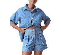 NONDK Conjuntos de 2 Piezas para Mujer: Camisa Vaquera de Corta con Botones y Pantalones Cortos de Mezclilla de Cintura Alta. XL