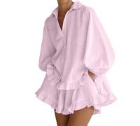 NONDK Conjuntos de 2 Piezas para Mujeres, Blusa de Larga con Botones y Pantalones Cortos Rosa L