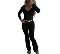 NONDK Conjuntos de Entrenamiento para Mujer, Conjuntos de 2 Piezas para Gimnasio y Yoga, Leggings Cruzados Acampanados Negro XL