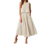 NONDK Conjuntos de Falda de 2 Piezas para Mujer, Camisetas Sin Mangas A Rayas de Verano, Vestido Midi, Conjuntos de Vacaciones A Juego. Tarjeta Poco Profunda L