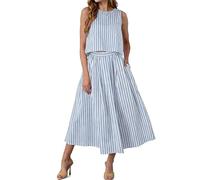 NONDK Conjuntos de Falda de 2 Piezas para Mujer, Camisetas Sin Mangas A Rayas de Verano, Vestido Midi, Conjuntos de Vacaciones A Juego. L