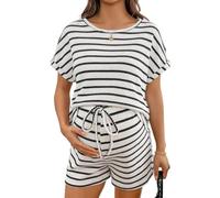 NONDK Conjuntos de Maternidad de 2 Piezas para Mujer: Camiseta de Corta con Cuello Redondo A Rayas y Pantalones Cortos. L