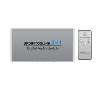 NONDK Conmutador de Audio Óptico Digital de Conmutación Toslink de 3 Puertos 3X1 con Control Remoto IR Conmutador SPDIF de Aluminio Enchufe Europeo