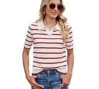NONDK de Punto A Rayas de Corta para Mujer, Camiseta Corta con Cuello en V Vintage, Corte Entallado, Estética para Salir. Rojo S