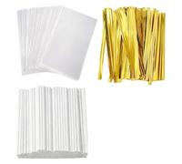 NONDK Kit de Palitos y Envoltorios para Dulces Transparentes, Set de 200 Palitos de Lollipop, 200 Bolsas Transparentes para Dulces, 200 Lazos Dorados, Decoraciones para Repostería y Fiestas.