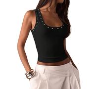 NONDK Top de Tirantes de Punto Acanalado con Tachuelas para Mujeres, Escote Cuadrado, Sin Mangas, Ajustado, Estilo Y2K, Crop Tops para Salir Negro S
