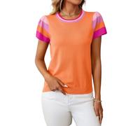 NONDK Tops de Mujer con Bloques de Color, Suéter Informal de Cuello Redondo y Corta, Suéter de Punto para Vacaciones en la Playa Naranja L