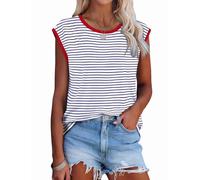 NONDK Tops de Mujer Elegantes e Informales de Verano A Rayas, Tops de Corta con Bloques de Color, Corte Holgado, Rojo M