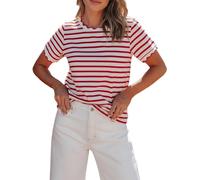 NONDK Tops Holgados de Verano para Mujer, Camisa A Rayas con Cuello Redondo A, Estilo Informal y Elegante para Negocios 2026 Rayas Rojas y Blancas S