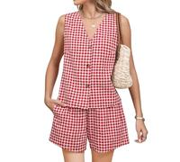 NONDK Traje Corto de Dos Piezas para Mujer, de Lino, A Cuadros, con Chaleco Rojo, Talla L