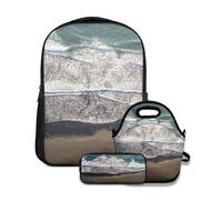 Nongmei Juego de Mochila Escolar, la Playa de Arena Negra en Islandia, con Bolsa de Almuerzo y Estuche para lápices, para niñas, niños y Adolescentes, Bonita Mochila Escolar Impermeable