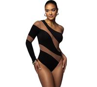 NONGYU Appeal Body de malla transparente, elástico, manga larga, recortado, para fiestas y clubes