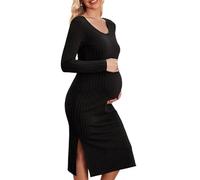 NONGYU Vestido de maternidad de manga larga de tela de poliéster elástico de punto acanalado para embarazo, uso diario, hogar y oficina, vestido acanalado adecuado con cuello redondo, Negro, XXL