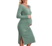 NONGYU Vestido de maternidad de manga larga de tela de poliéster elástico de punto acanalado para embarazo, uso diario, hogar y oficina, vestido acanalado adecuado con cuello redondo, verde, M