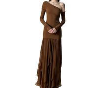 NONGYU Vestido largo de manga larga fruncido, entallado, asimétrico, de malla, formal, para invitada de boda, con hombros descubiertos, para mujer, marrón, M