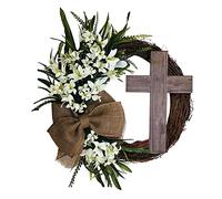 NonMiFyR Corona Redonda de Pascua con Cruz Colgante, Flores Artificiales, Decoración Rústica para La Puerta Principal, Ideal para Celebraciones de Primavera Y, 40 cm sin cinta, tal como se describe