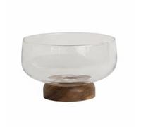NonMiFyR Industrial Bol Frutero de Vidrio en Pedestal Base Madera Acacia Gran Capacidad Acabado Artesanal Adecuado para de Trabajo Sala Espera Cocina, Transparente, Pequeño